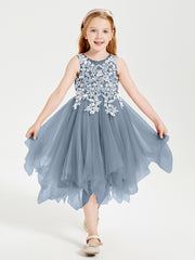 Tulle Tea Length Junior Bridesmaid Dresses Dusty Blue