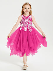 Tulle Tea Length Junior Bridesmaid Dresses Fuchsia