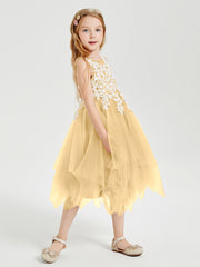 Tulle Tea Length Junior Bridesmaid Dresses Gold