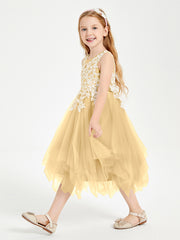 Tulle Tea Length Junior Bridesmaid Dresses Gold