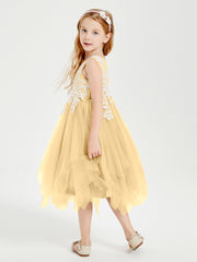 Tulle Tea Length Junior Bridesmaid Dresses Gold