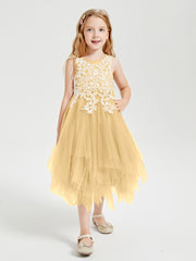 Tulle Tea Length Junior Bridesmaid Dresses Gold