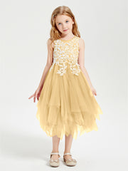 Tulle Tea Length Junior Bridesmaid Dresses Gold