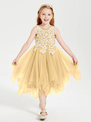 Tulle Tea Length Junior Bridesmaid Dresses Gold