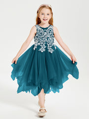 Tulle Tea Length Junior Bridesmaid Dresses Ink Blue