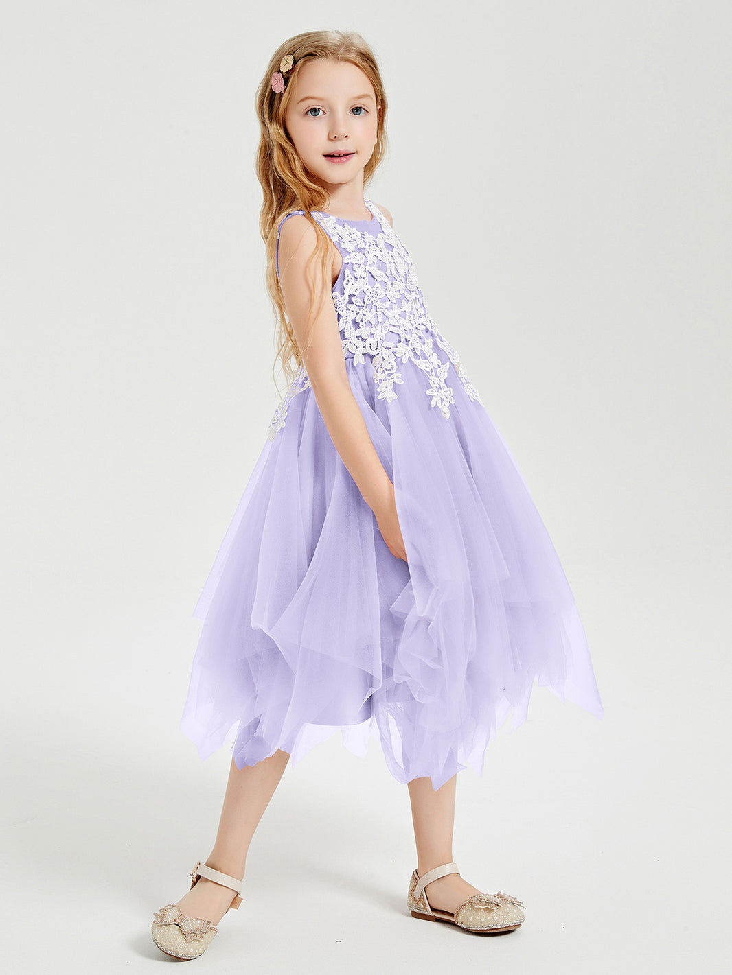 BABARONI Tulle Lilac Junior Bridesmaid Dresses A-line Scoop Sleeveless  Applique Tea-Length