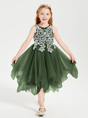 Tulle Tea Length Junior Bridesmaid Dresses Olive Green