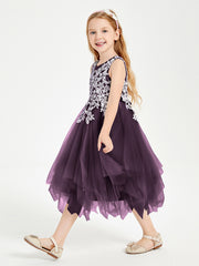 Tulle Tea Length Junior Bridesmaid Dresses Plum