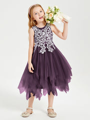 Tulle Tea Length Junior Bridesmaid Dresses Plum