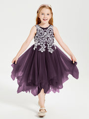 Tulle Tea Length Junior Bridesmaid Dresses Plum