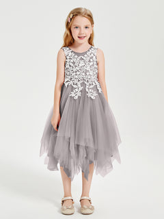 Tulle Tea Length Junior Bridesmaid Dresses Silver