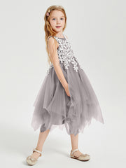 Tulle Tea Length Junior Bridesmaid Dresses Silver
