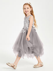 Tulle Tea Length Junior Bridesmaid Dresses Silver