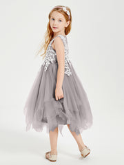 Tulle Tea Length Junior Bridesmaid Dresses Silver