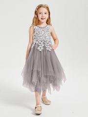 Tulle Tea Length Junior Bridesmaid Dresses Silver