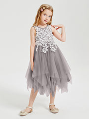 Tulle Tea Length Junior Bridesmaid Dresses Silver