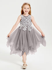 Tulle Tea Length Junior Bridesmaid Dresses Silver