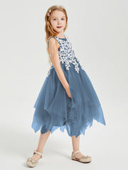 Tulle Tea Length Junior Bridesmaid Dresses Slate Blue