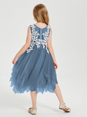 Tulle Tea Length Junior Bridesmaid Dresses Slate Blue