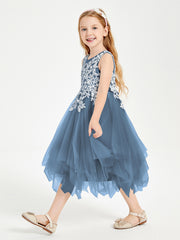 Tulle Tea Length Junior Bridesmaid Dresses Slate Blue
