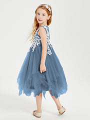 Tulle Tea Length Junior Bridesmaid Dresses Slate Blue
