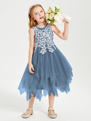 Tulle Tea Length Junior Bridesmaid Dresses Slate Blue