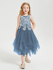 Tulle Tea Length Junior Bridesmaid Dresses Slate Blue