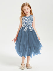 Tulle Tea Length Junior Bridesmaid Dresses Slate Blue
