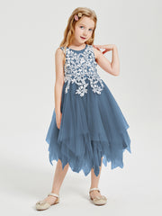 Tulle Tea Length Junior Bridesmaid Dresses Slate Blue