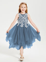 Tulle Tea Length Junior Bridesmaid Dresses Slate Blue