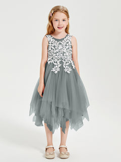 Tulle Tea Length Junior Bridesmaid Dresses Steel Grey