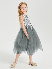 Tulle Tea Length Junior Bridesmaid Dresses Steel Grey