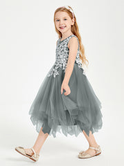Tulle Tea Length Junior Bridesmaid Dresses Steel Grey
