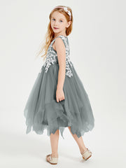 Tulle Tea Length Junior Bridesmaid Dresses Steel Grey