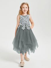 Tulle Tea Length Junior Bridesmaid Dresses Steel Grey
