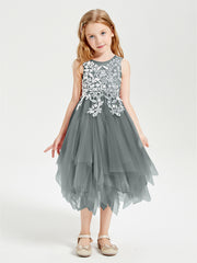 Tulle Tea Length Junior Bridesmaid Dresses Steel Grey