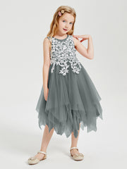 Tulle Tea Length Junior Bridesmaid Dresses Steel Grey