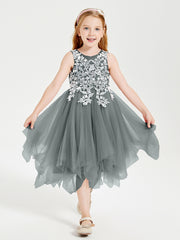 Tulle Tea Length Junior Bridesmaid Dresses Steel Grey