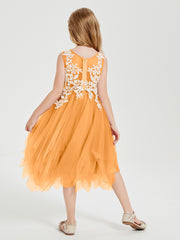 Tulle Tea Length Junior Bridesmaid Dresses Tangerine