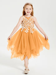 Tulle Tea Length Junior Bridesmaid Dresses Tangerine