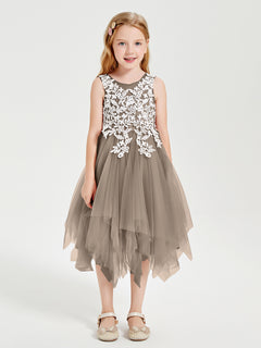 Tulle Tea Length Junior Bridesmaid Dresses Taupe