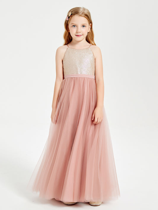 Long Junior Bridesmaid Gown Sequined Top Tulle Skirt Dusty Rose