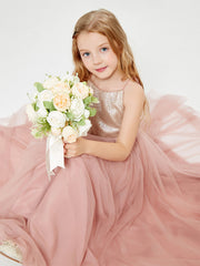 Long Junior Bridesmaid Gown Sequined Top Tulle Skirt Dusty Rose