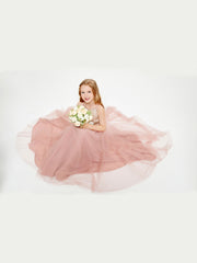 Long Junior Bridesmaid Gown Sequined Top Tulle Skirt Dusty Rose