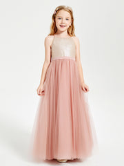 Long Junior Bridesmaid Gown Sequined Top Tulle Skirt Dusty Rose