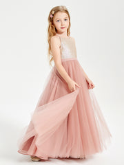 Long Junior Bridesmaid Gown Sequined Top Tulle Skirt Dusty Rose