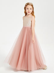 Long Junior Bridesmaid Gown Sequined Top Tulle Skirt Dusty Rose
