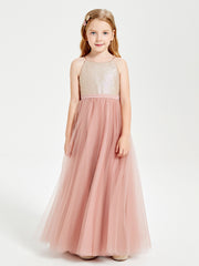 Long Junior Bridesmaid Gown Sequined Top Tulle Skirt Dusty Rose