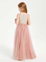 Long Junior Bridesmaid Gown Sequined Top Tulle Skirt Dusty Rose