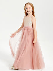 Long Junior Bridesmaid Gown Sequined Top Tulle Skirt Dusty Rose